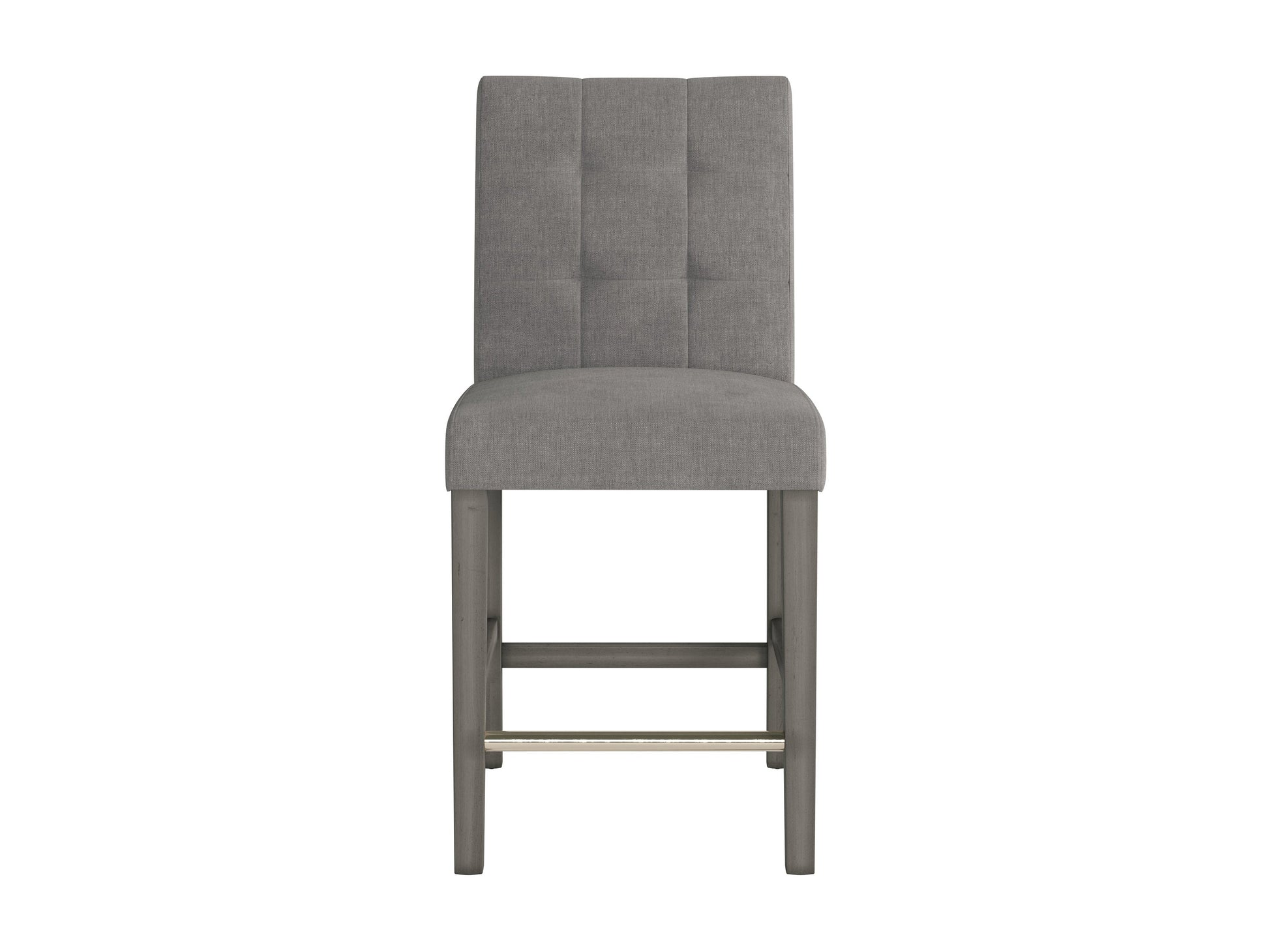 Silver grey fabric bar stool with cushioned seat, wooden legs, and footrest, ideal for modern kitchen counters.