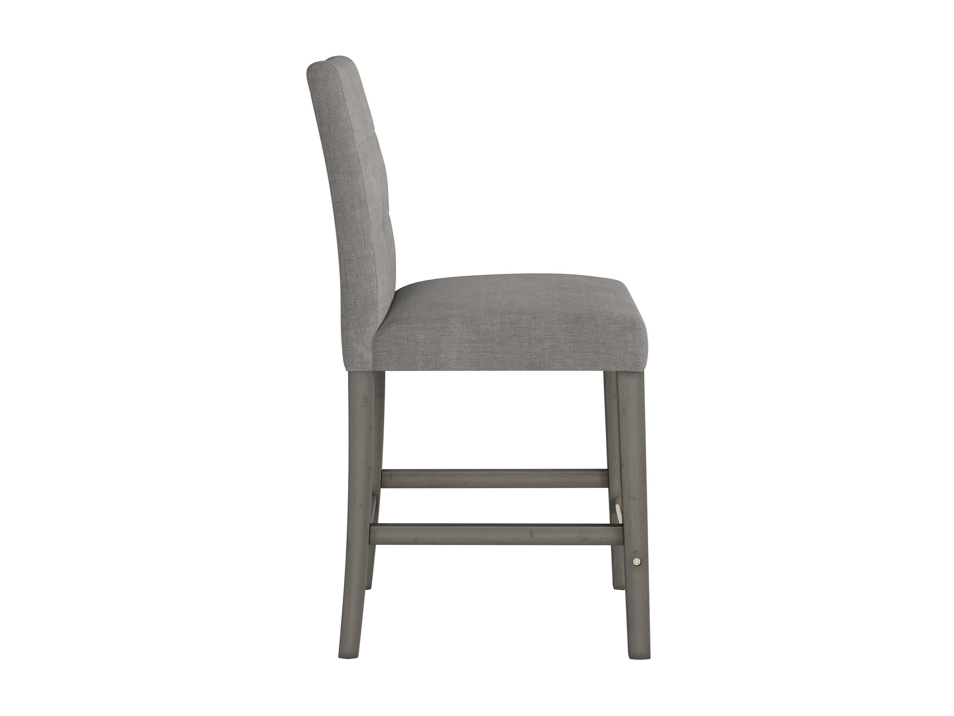 Silver grey fabric counter height bar stool with padded seat, sleek wooden legs, and modern design.