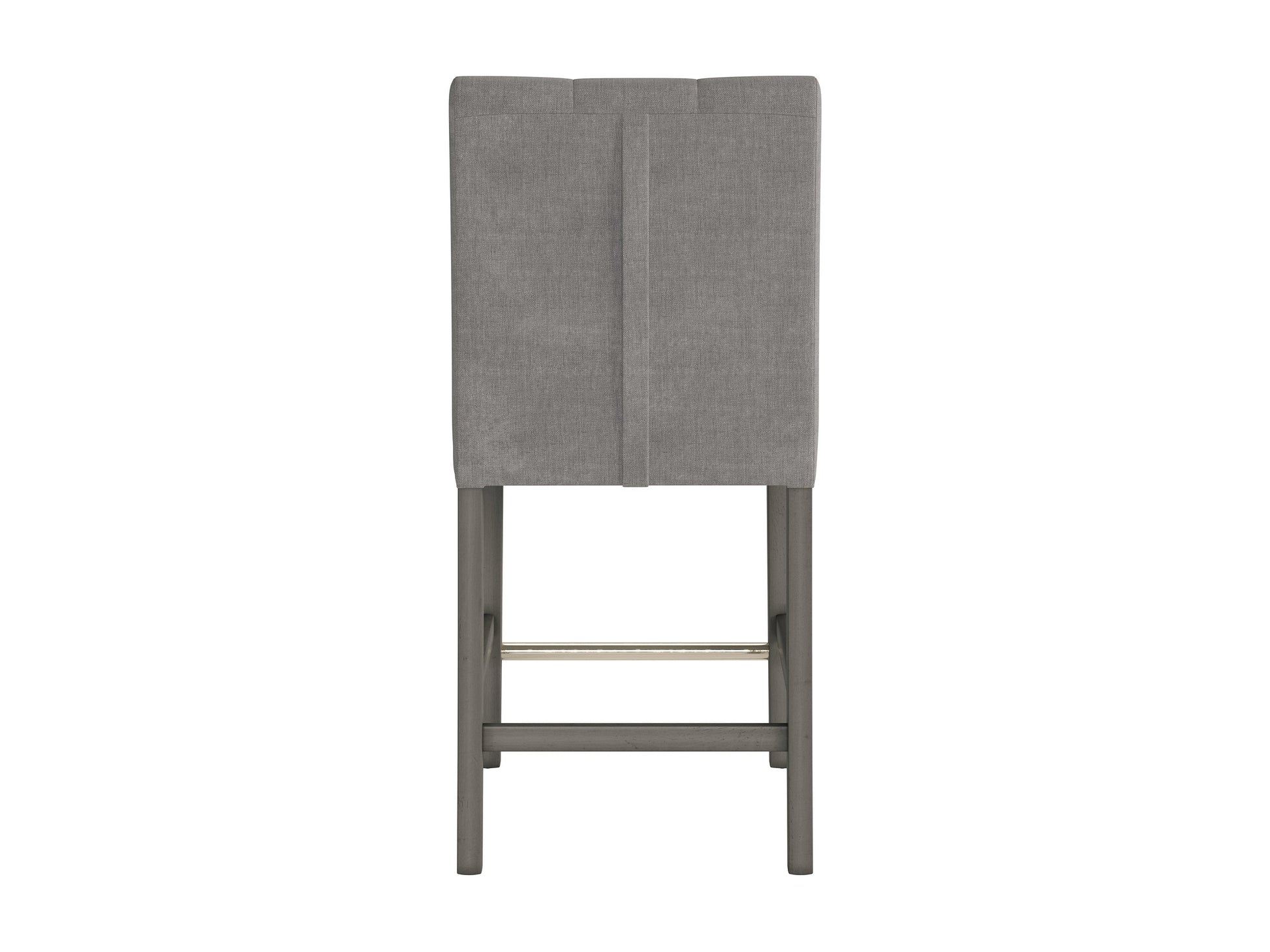 Silver grey fabric counter height bar stool with tufted seat and wooden legs.