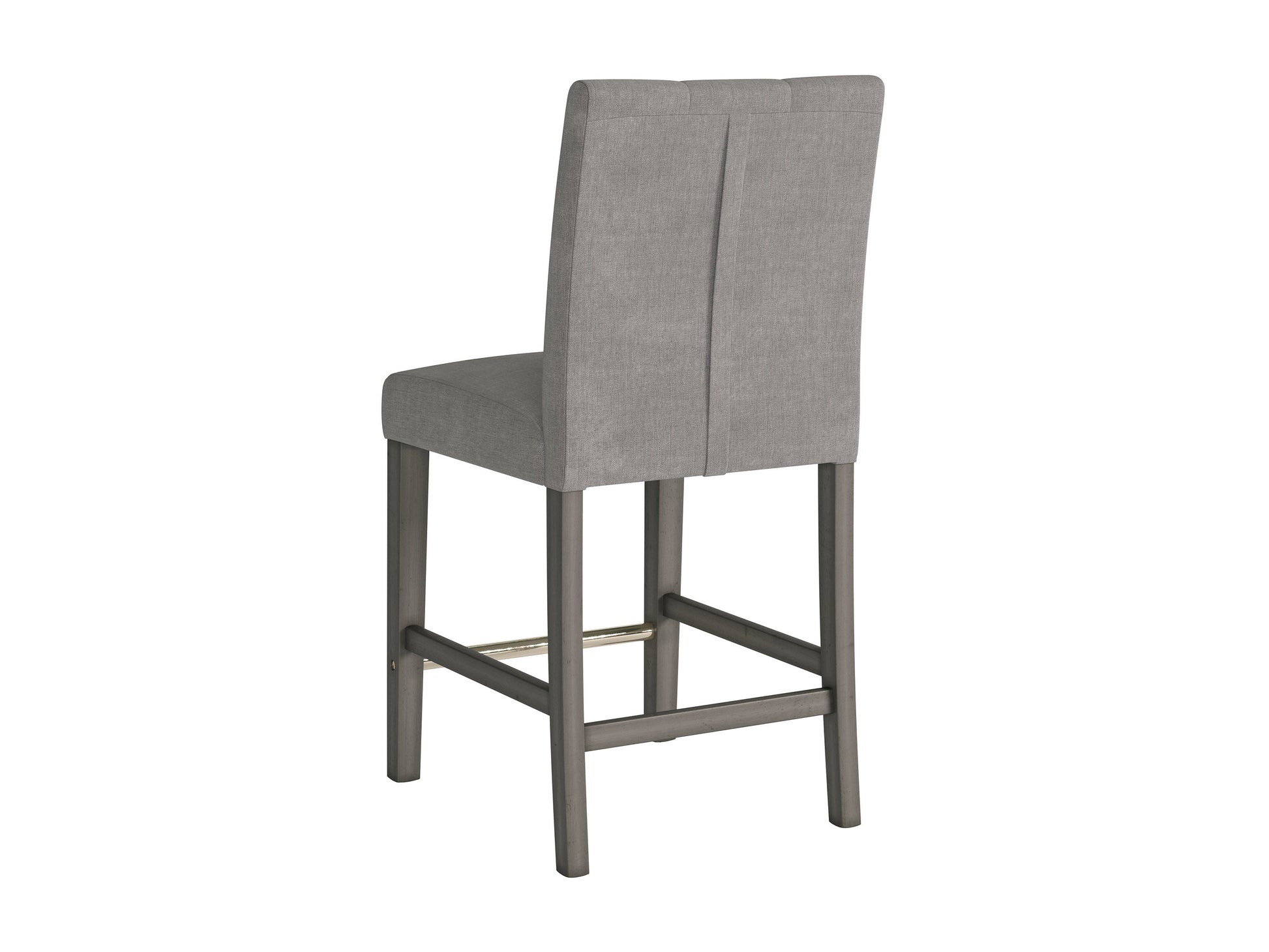Silver grey fabric counter height bar stool with cushioned seat and sleek wooden legs.