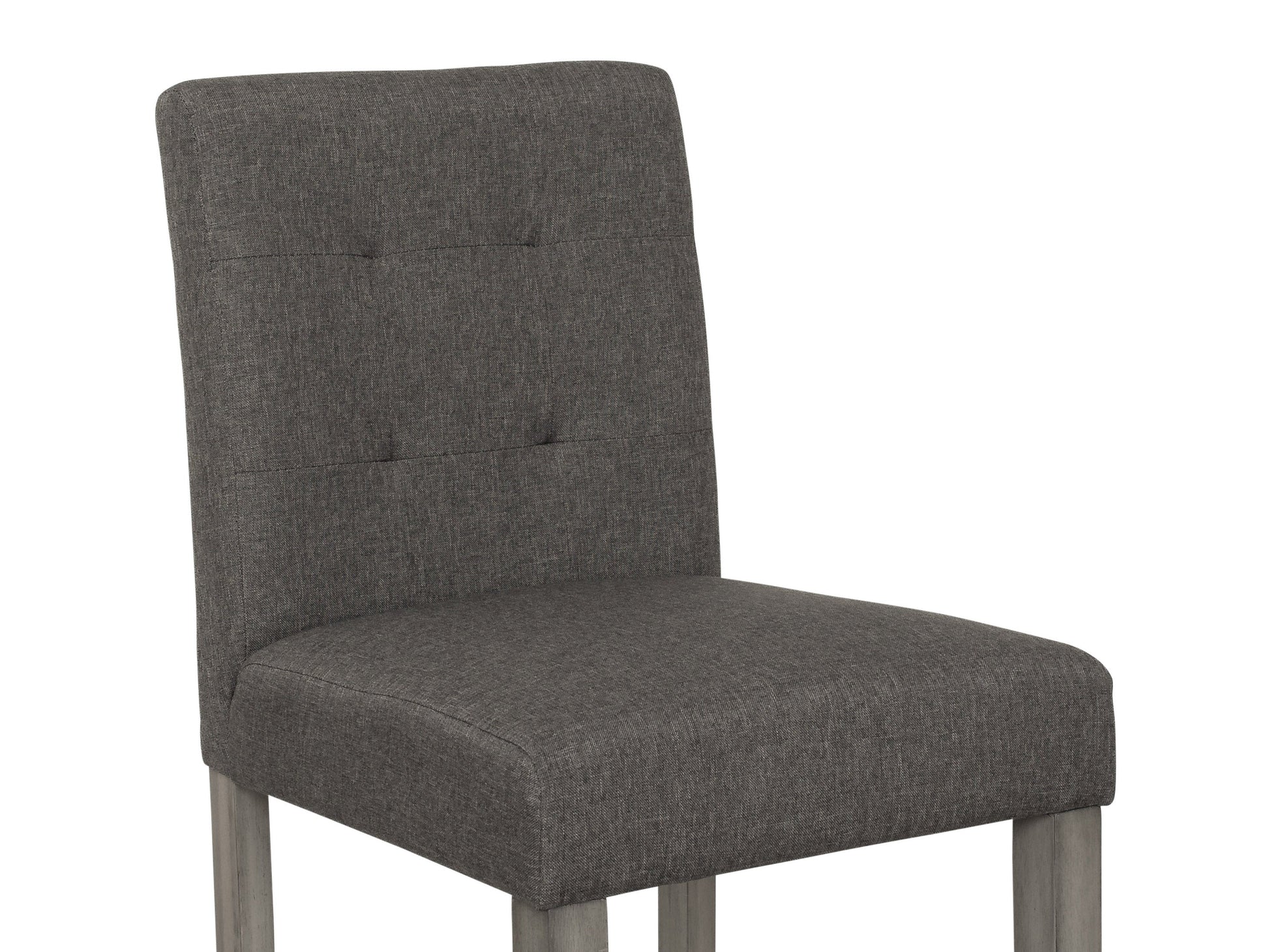 Charcoal brown fabric bar stool with tufted seat, wooden legs, and contemporary design.