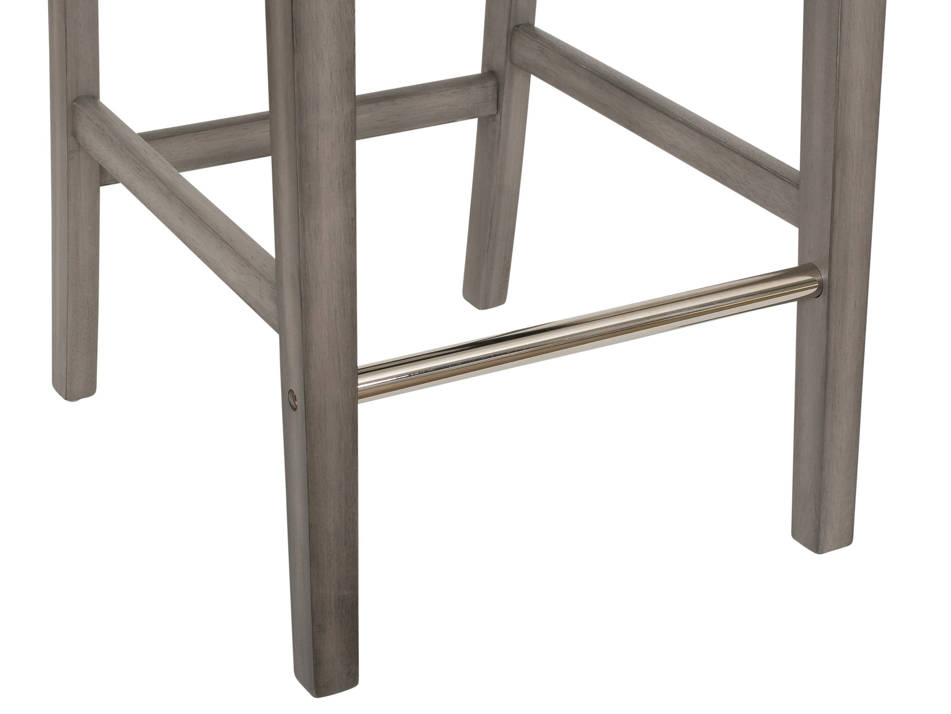 Charcoal brown fabric bar height stool with wooden legs and tufted backrest.