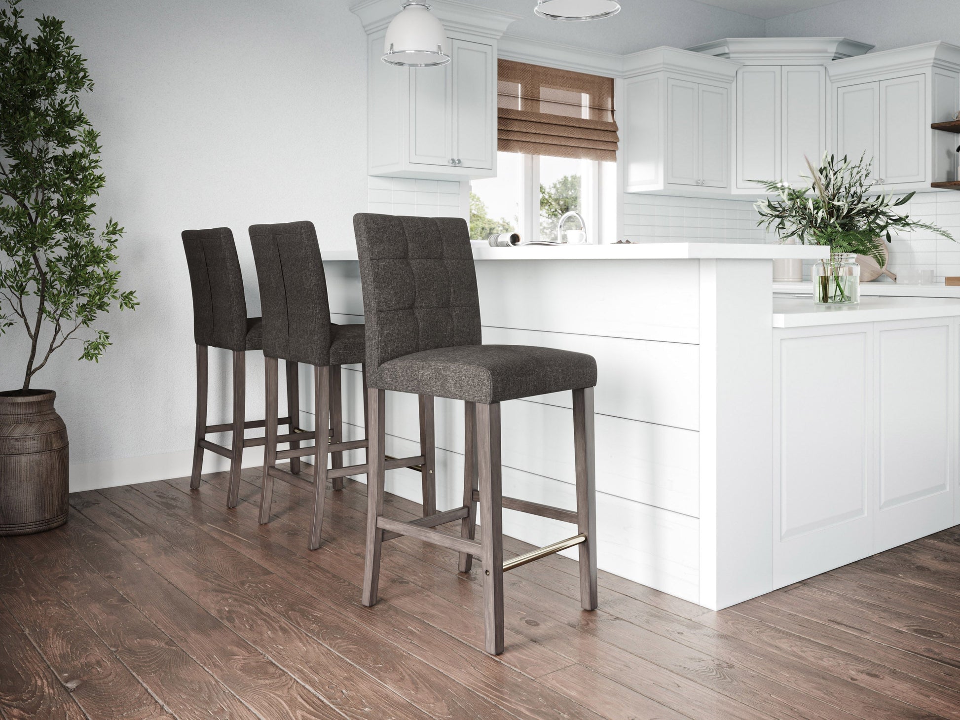 Charcoal brown fabric bar height stool with wooden legs and tufted backrest.