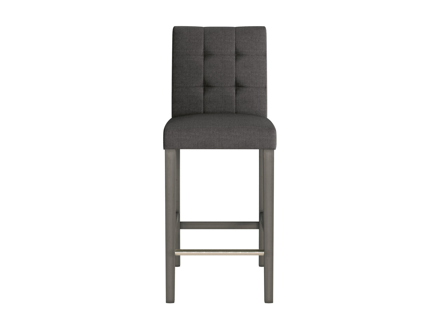 Charcoal brown fabric bar stool with wooden legs and tufted seat cushion.