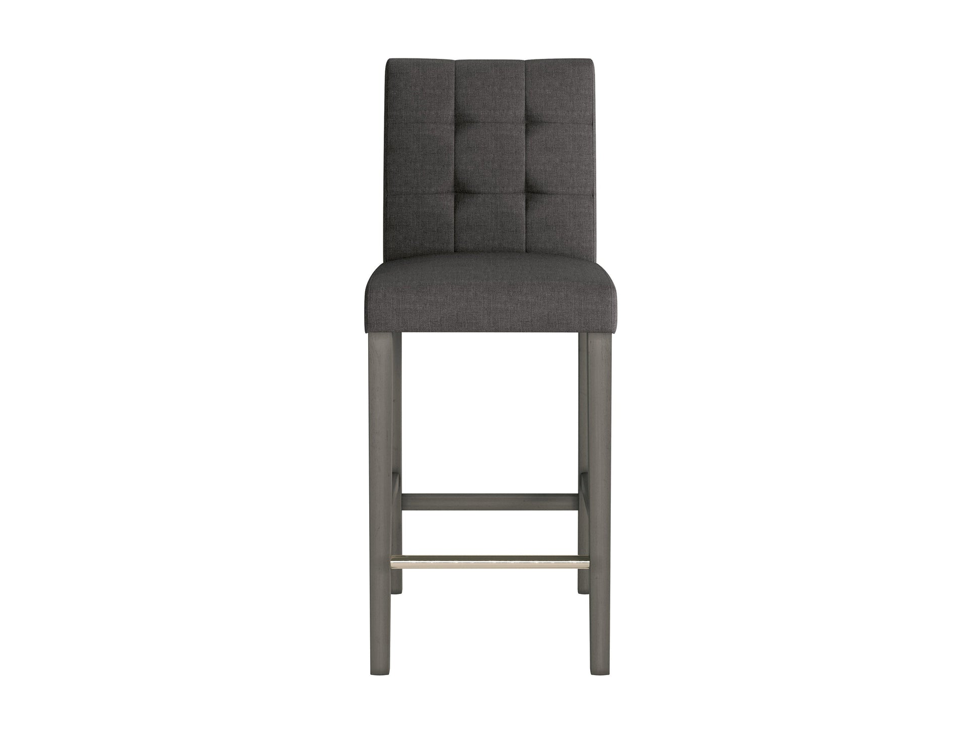 Charcoal brown fabric bar stool with wooden legs and tufted seat cushion.