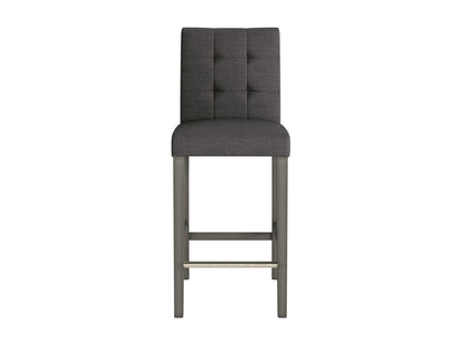 Charcoal brown fabric bar stool with wooden legs and tufted seat cushion.
