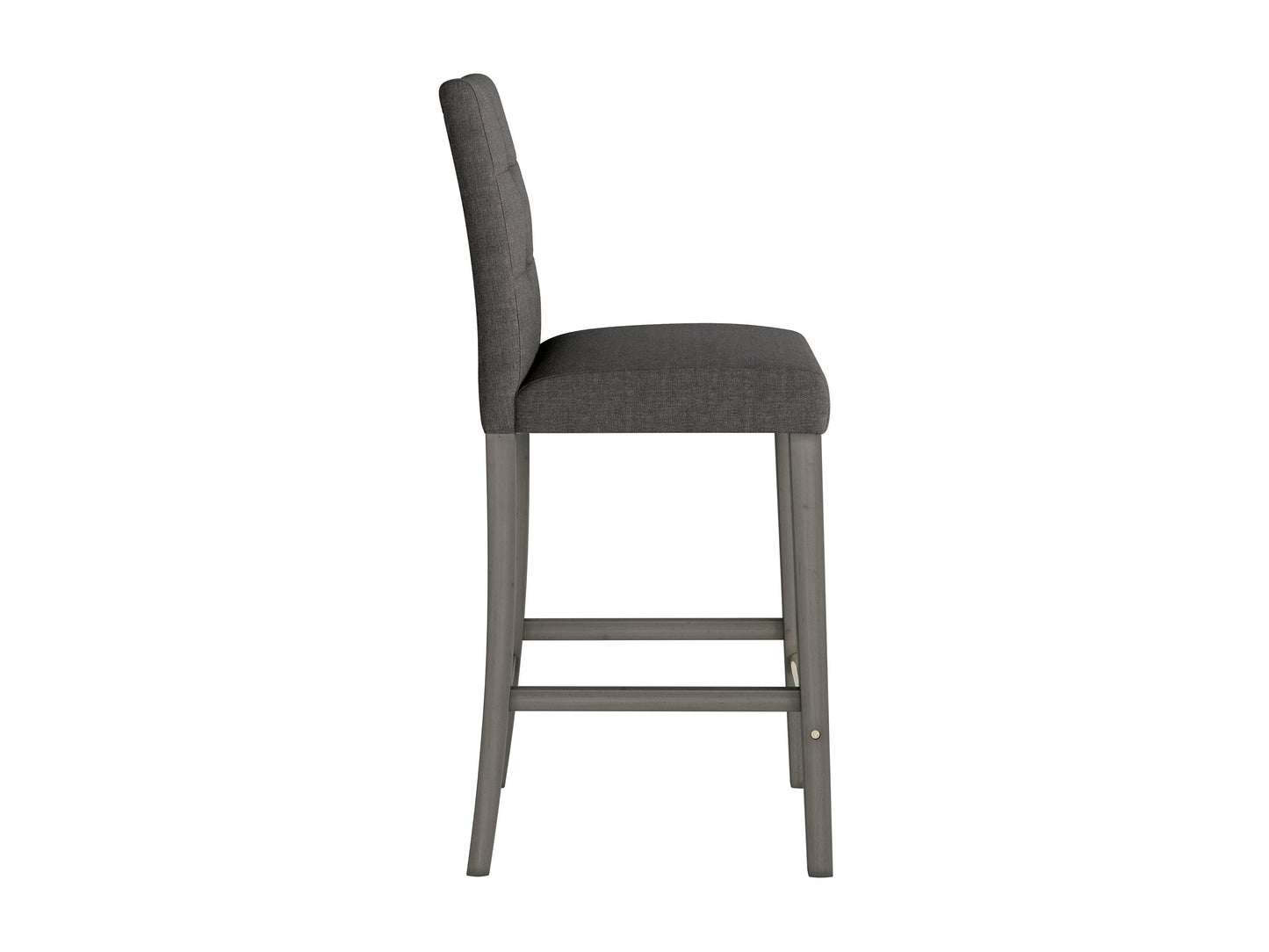 Charcoal brown fabric bar stool with wooden legs and footrest, featuring a sleek, modern design and comfortable seating.