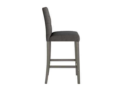Charcoal brown fabric bar stool with wooden legs and footrest, featuring a sleek, modern design and comfortable seating.