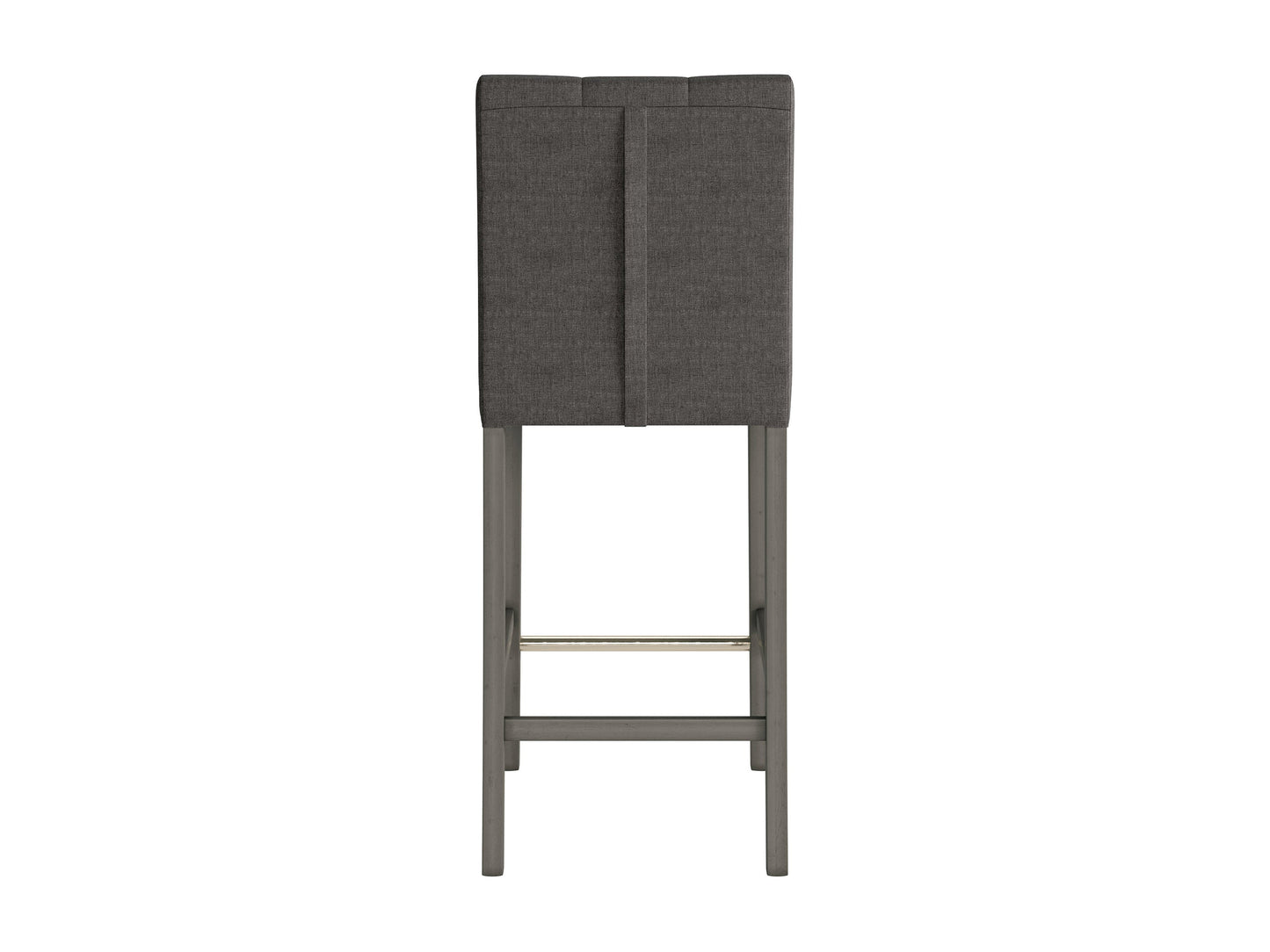 Charcoal brown fabric bar height stool with wooden legs, upholstered seat, and backrest for modern kitchen or bar.