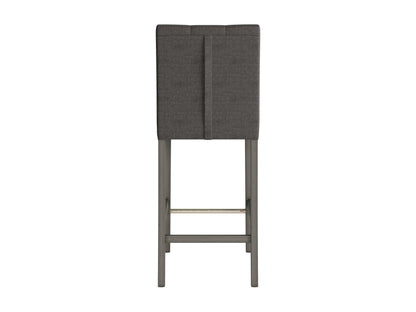 Charcoal brown fabric bar height stool with wooden legs, upholstered seat, and backrest for modern kitchen or bar.