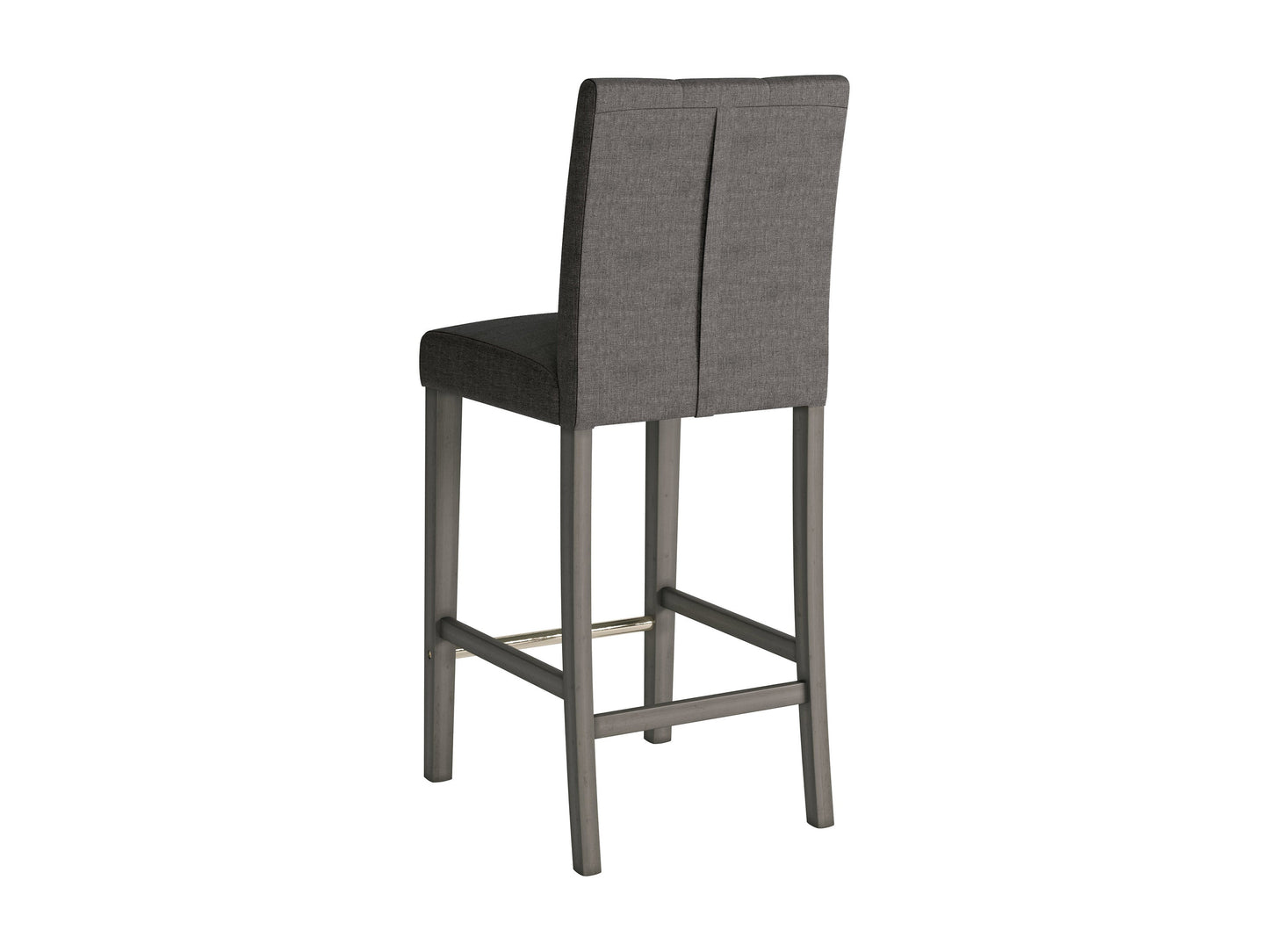Charcoal brown fabric bar stool with wooden legs, tufted seat, and backrest, ideal for modern kitchen islands or home bars.