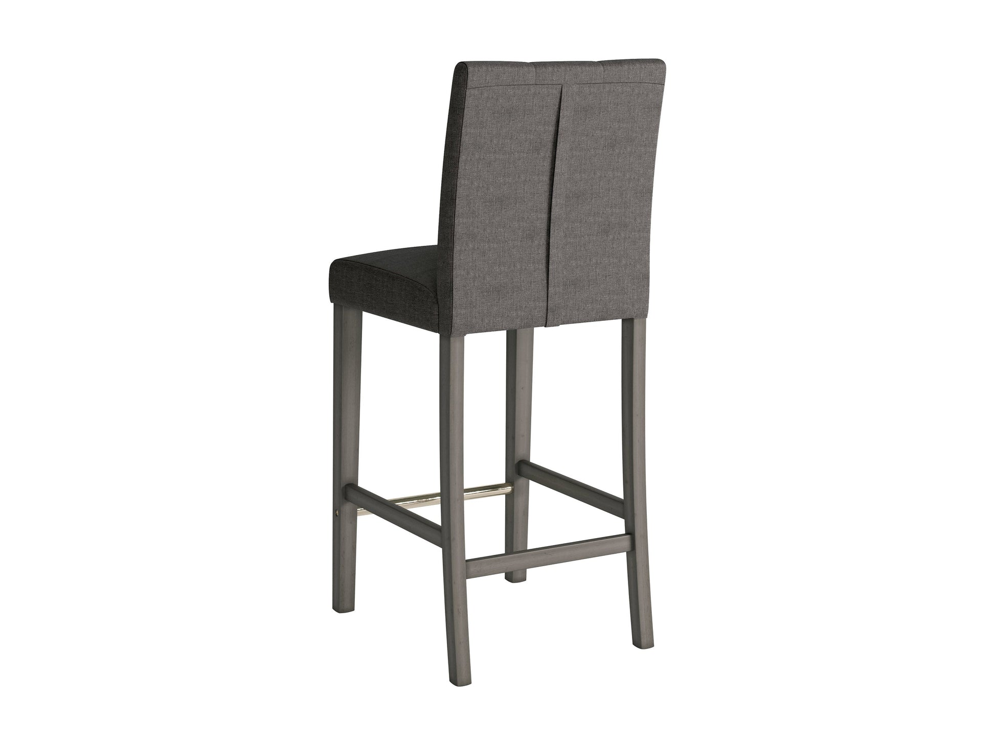 Charcoal brown fabric bar stool with wooden legs, tufted seat, and backrest, ideal for modern kitchen islands or home bars.