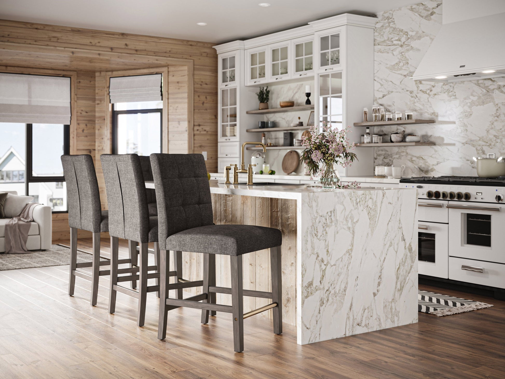 Charcoal brown fabric counter height stool with wooden legs and cushioned seat, perfect for modern bar settings.