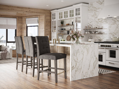 Charcoal brown fabric counter height stool with wooden legs and cushioned seat, perfect for modern bar settings.