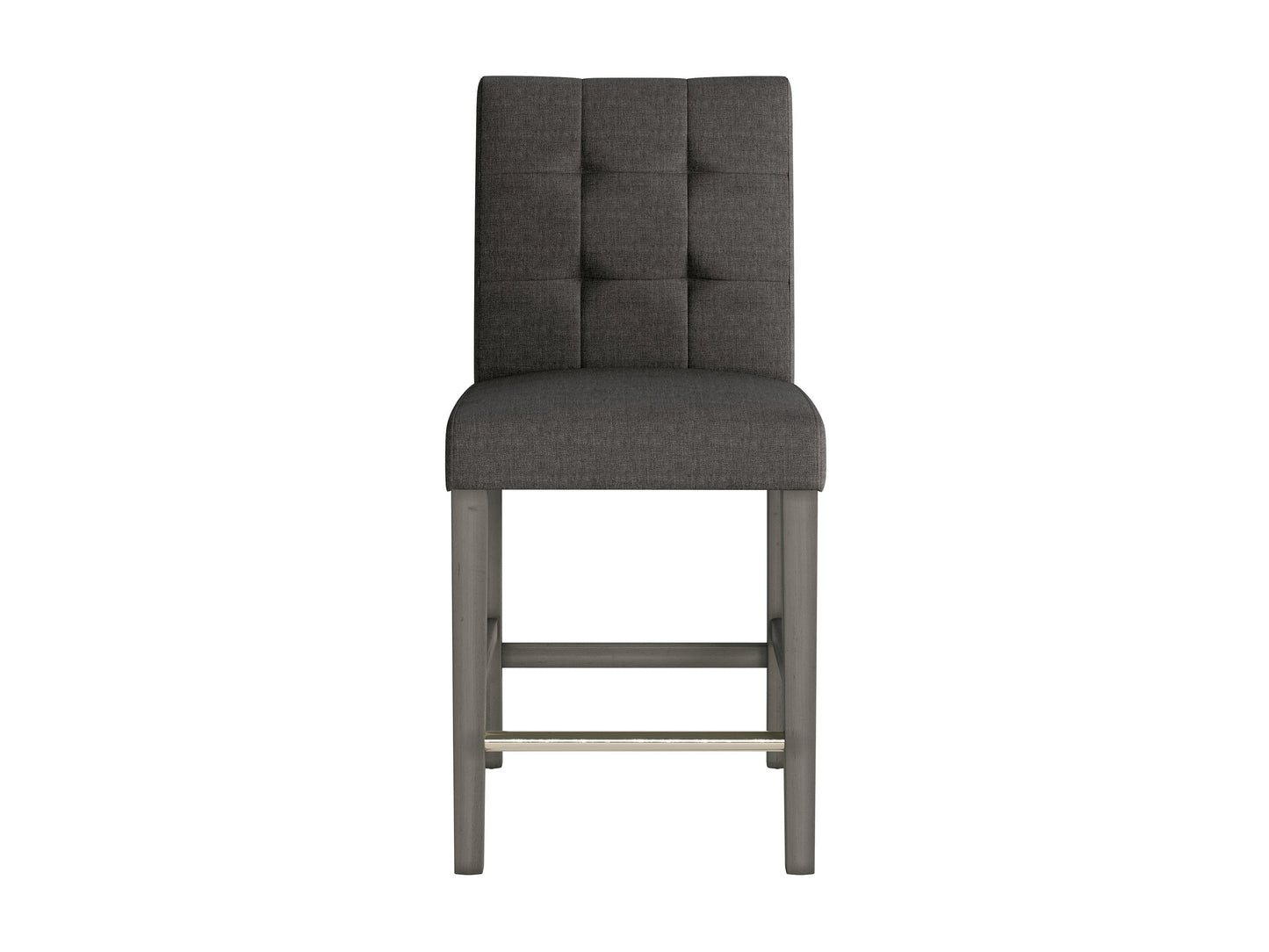 Charcoal brown fabric bar stool with cushioned seat, wooden legs, and footrest for modern kitchen or bar areas.