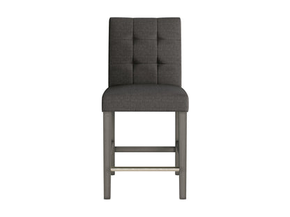 Charcoal brown fabric bar stool with cushioned seat, wooden legs, and footrest for modern kitchen or bar areas.