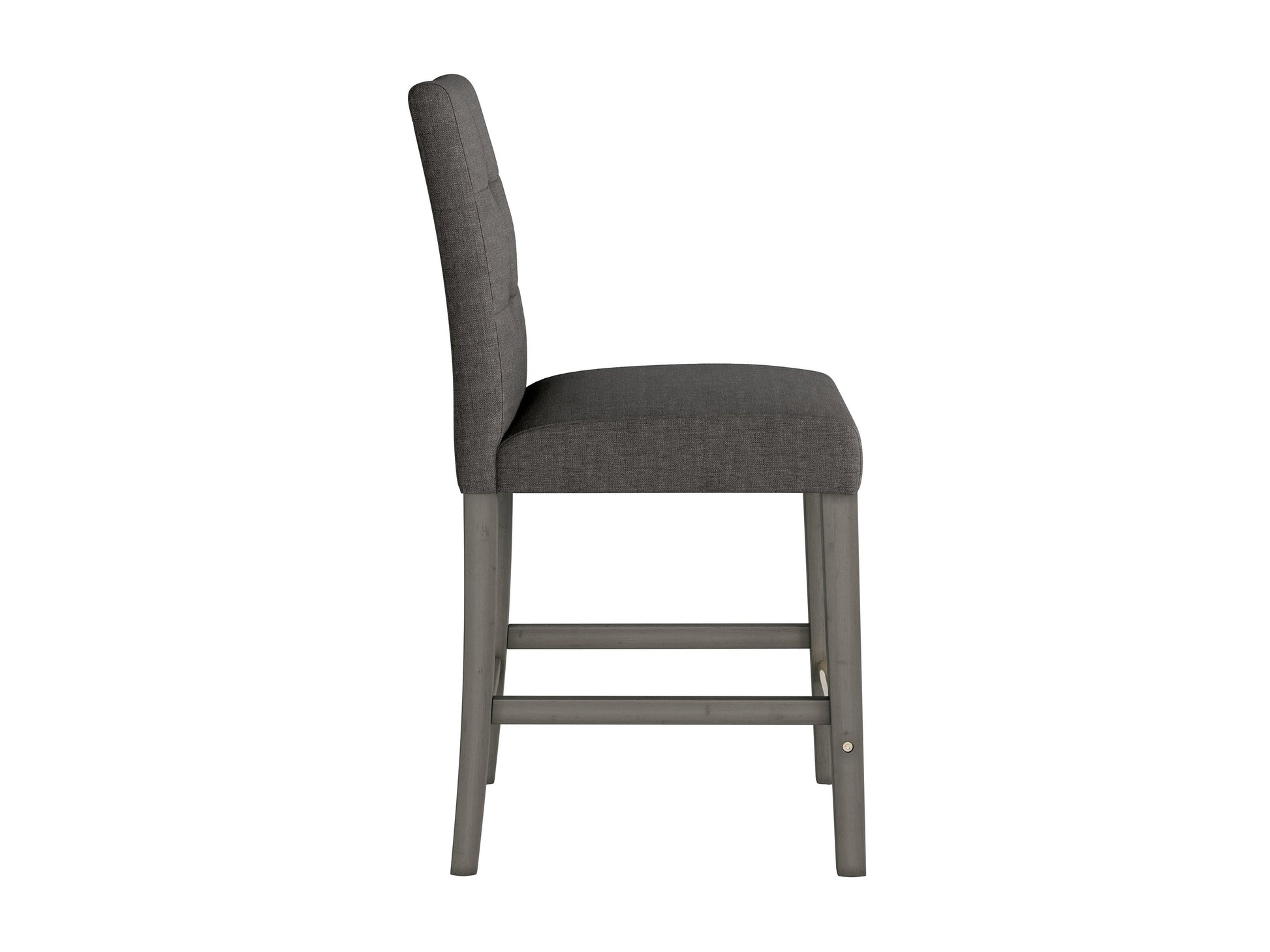 Charcoal brown fabric bar stool with cushioned seat, wooden legs, and modern counter height design.