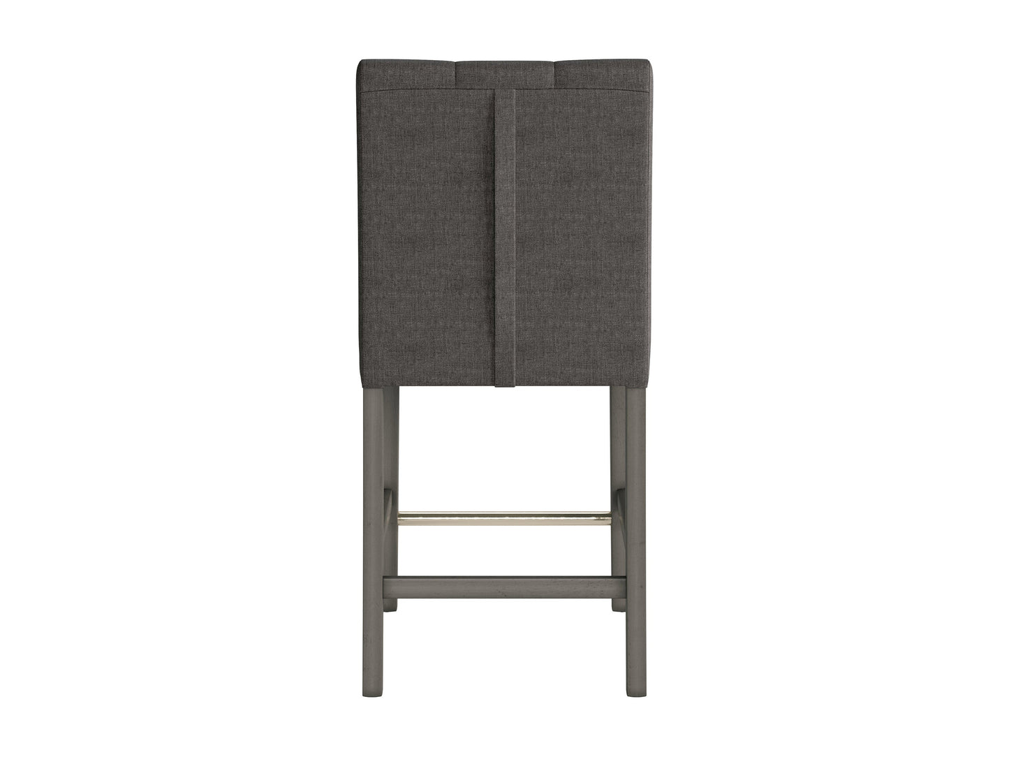 Charcoal brown fabric counter height stool with cushioned seat, wooden legs, and modern design.