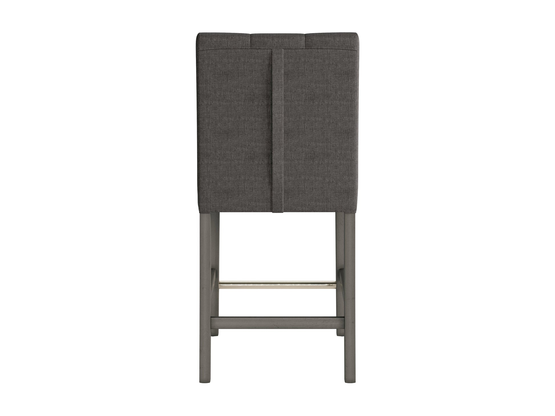 Charcoal brown fabric counter height stool with cushioned seat, wooden legs, and modern design.