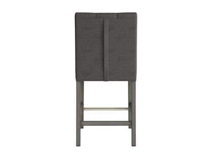 Charcoal brown fabric counter height stool with cushioned seat, wooden legs, and modern design.