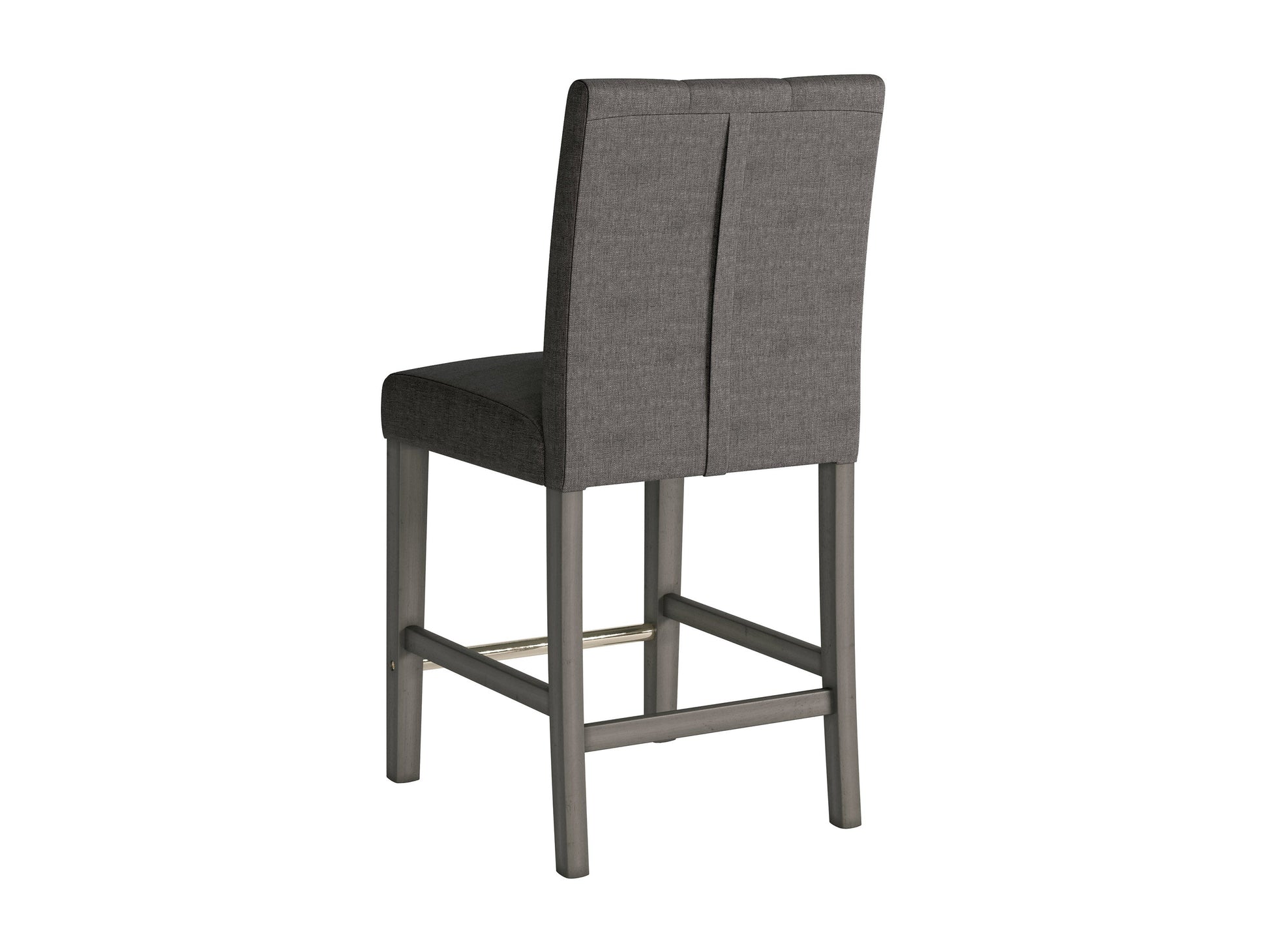 Charcoal brown fabric counter height stool with cushioned seat, wooden legs, and modern design.