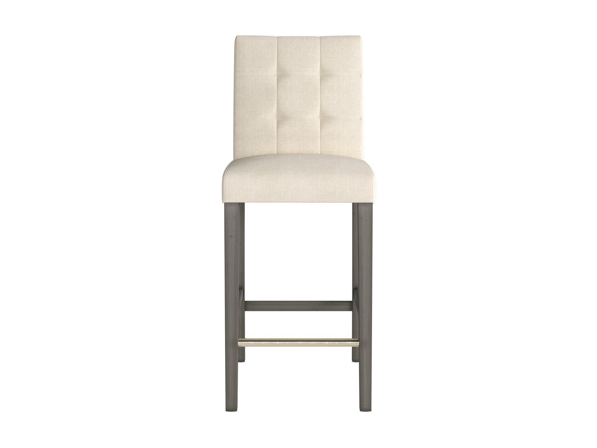 Beige fabric bar stool with cushioned seat, wooden legs, and footrest, perfect for modern kitchen or bar areas.