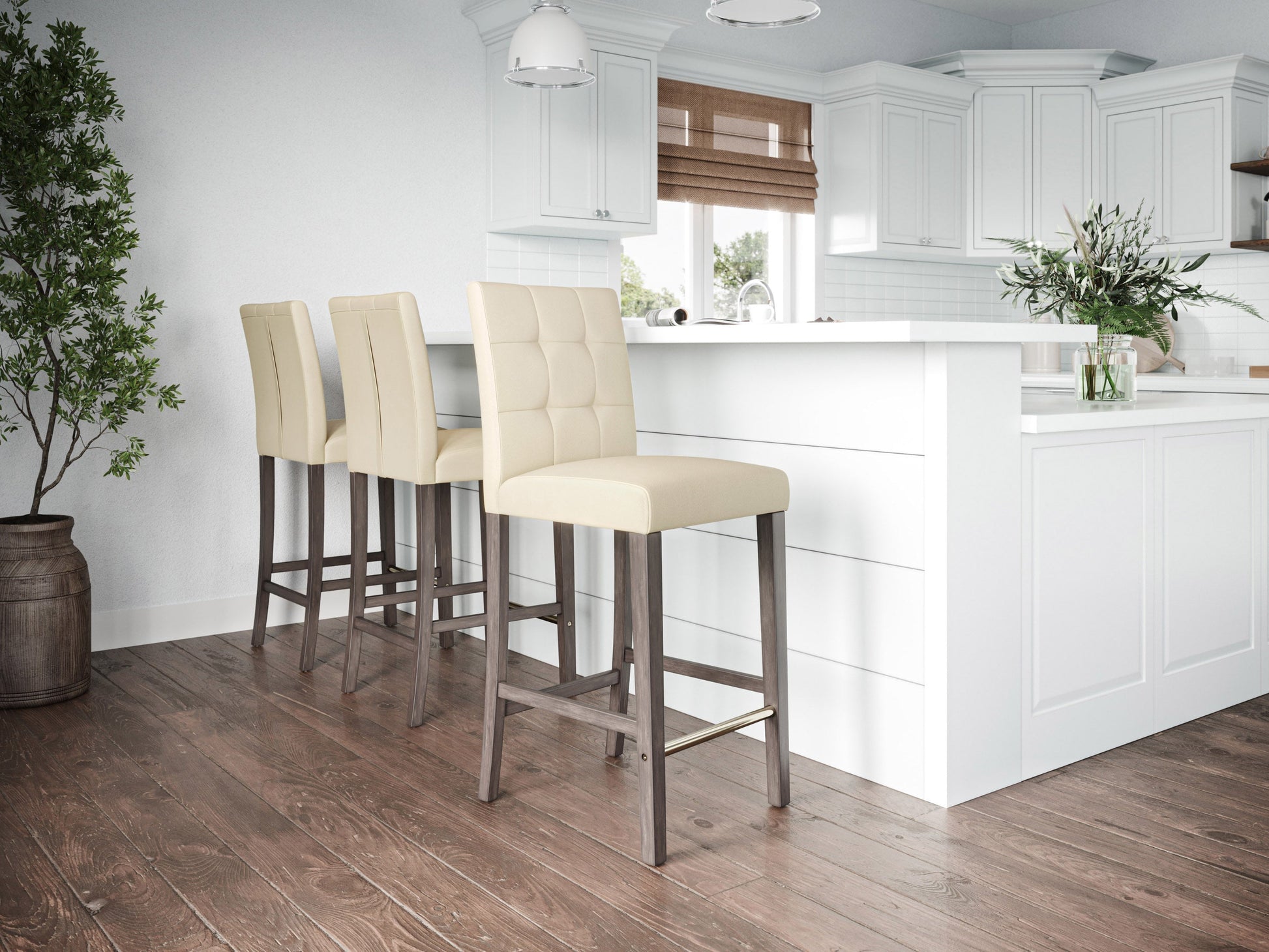 Warm white vegan leather bar stool with black metal legs and footrest, modern design for kitchen or bar area.