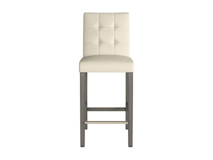 Warm white vegan leather bar stool with a sleek metal frame and footrest, perfect for modern kitchen islands or bars.