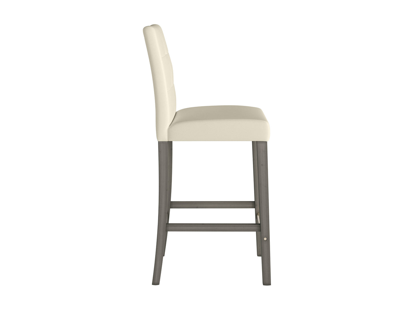 Warm white vegan leather bar stool with sleek black metal legs, bar height, modern design, and tufted cushion.