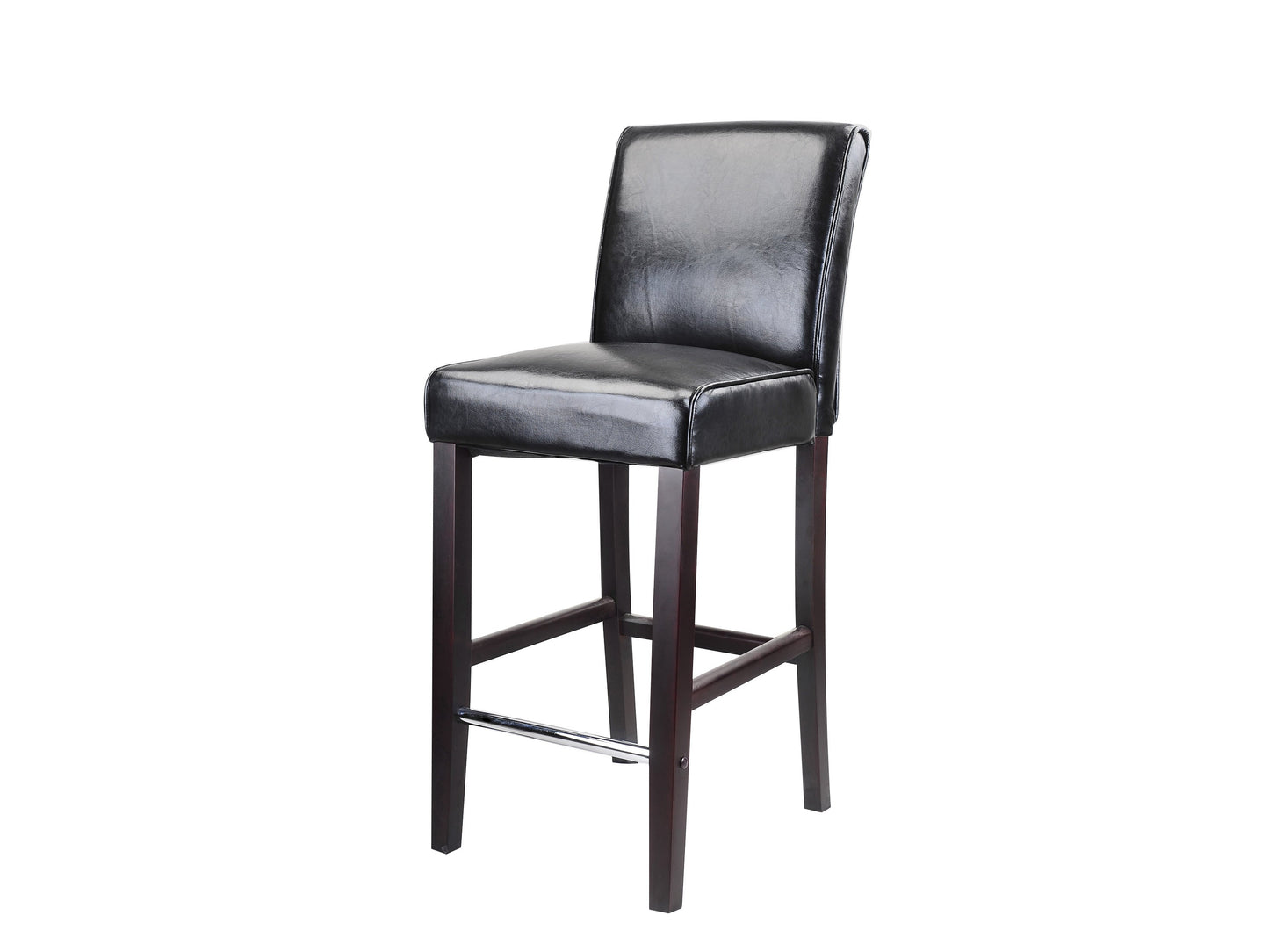 Black wooden bar stool with a round seat and bar height, featuring a sleek minimalist design and sturdy construction.