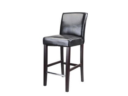 Black wooden bar stool with a round seat and bar height, featuring a sleek minimalist design and sturdy construction.