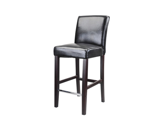 Black wooden bar stool with a round seat and bar height, featuring a sleek minimalist design and sturdy construction.