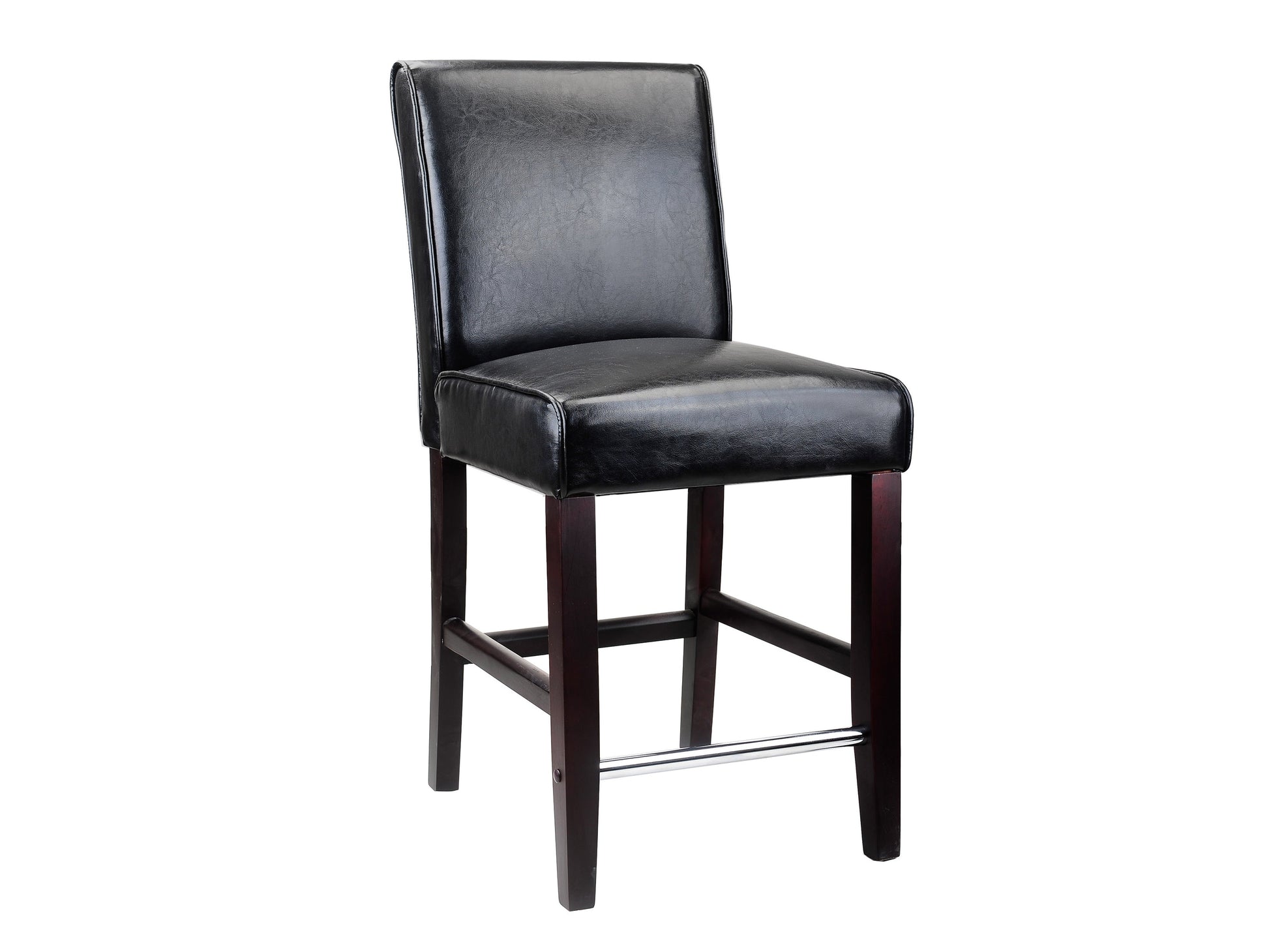 Black wooden bar stool, counter height, with curved seat and sleek design, perfect for modern kitchen or bar settings.