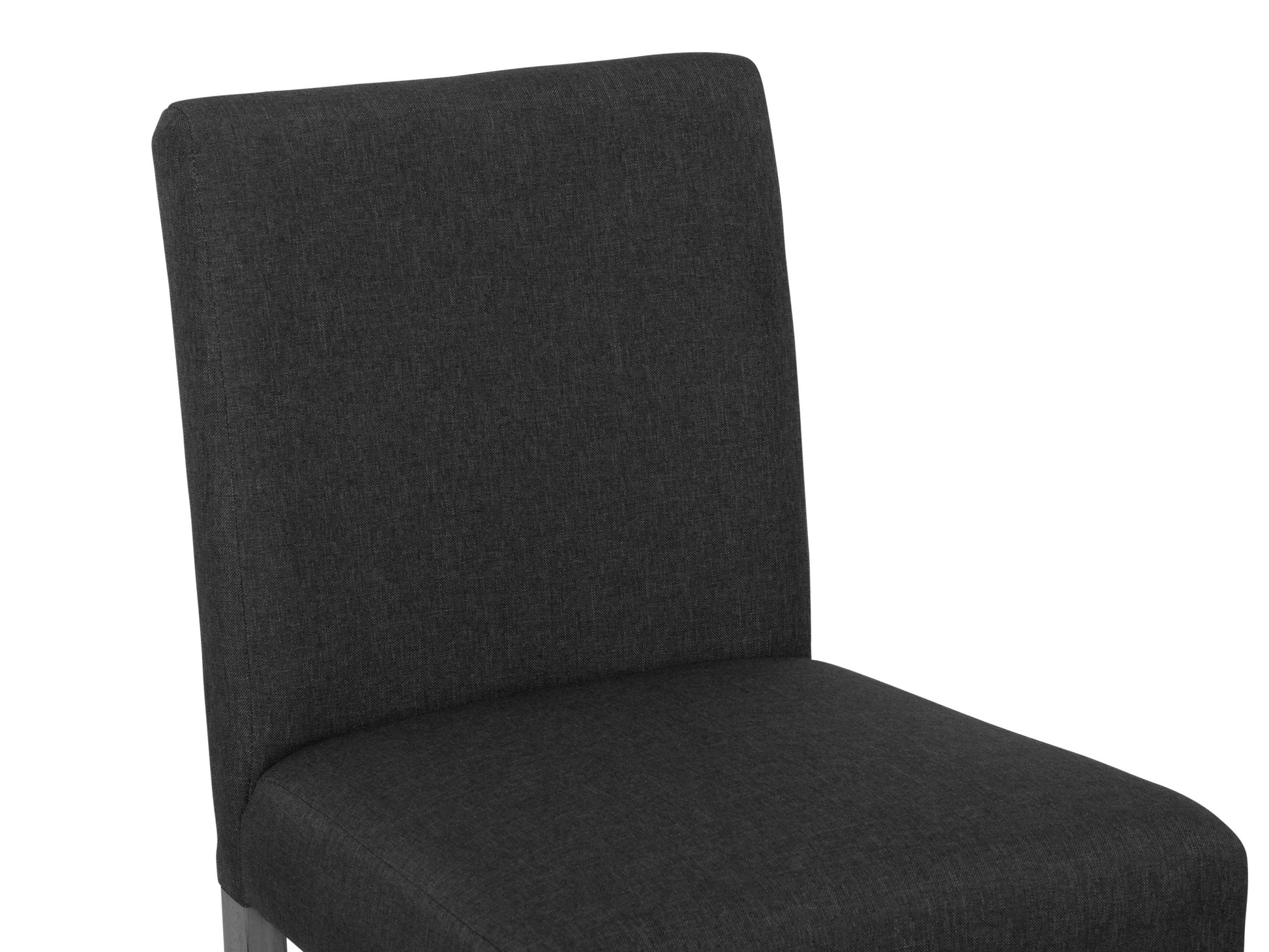 Dark grey fabric bar stool with cushioned seat, wooden legs, and footrest, perfect for modern counter height seating.