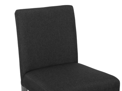 Dark grey fabric bar stool with cushioned seat, wooden legs, and footrest, perfect for modern counter height seating.
