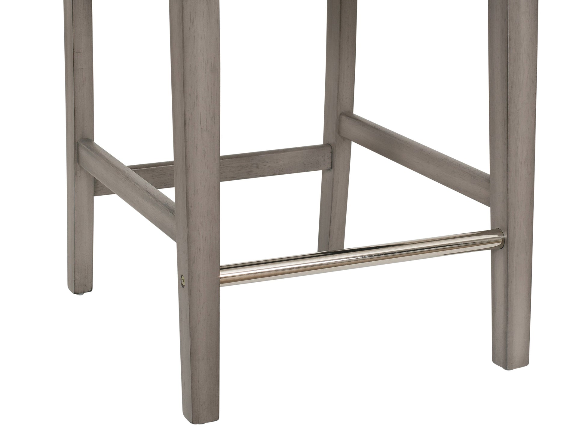 Dark grey fabric counter height stool with tufted seat, wooden legs, and footrest.