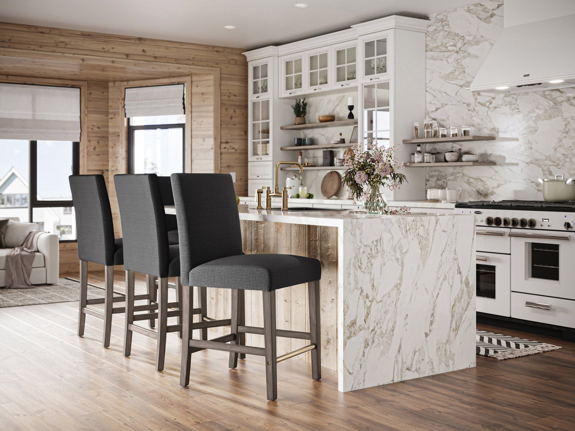 Dark grey fabric counter height bar stool with cushioned seat, wooden legs, and a modern design.