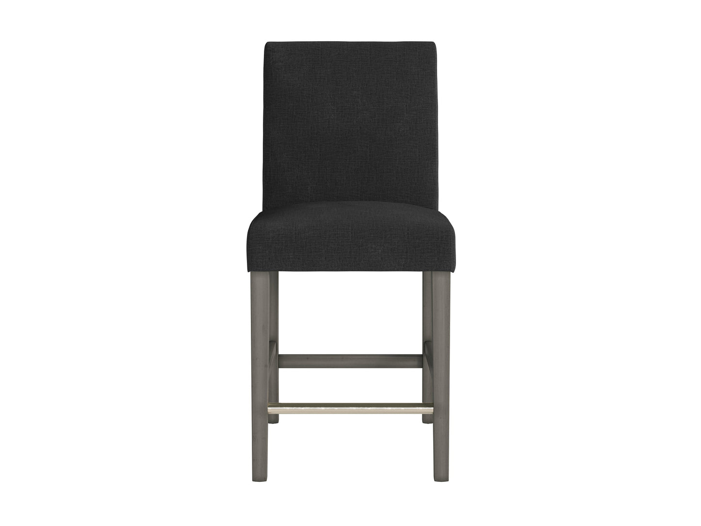 Dark grey fabric counter height bar stool with wooden legs and footrest.