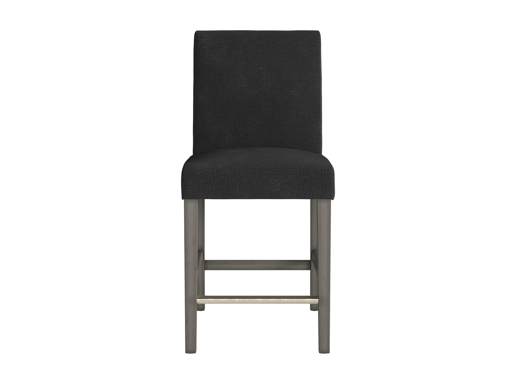 Dark grey fabric counter height bar stool with wooden legs and footrest.