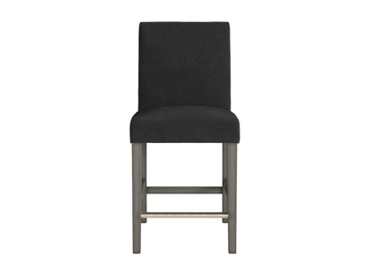 Dark grey fabric counter height bar stool with wooden legs and footrest.