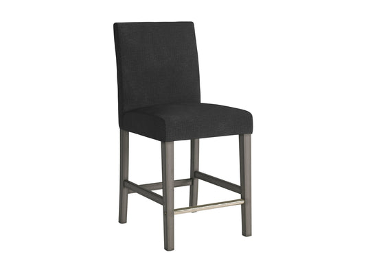 Dark grey fabric counter height bar stool with wooden legs and tufted backrest.