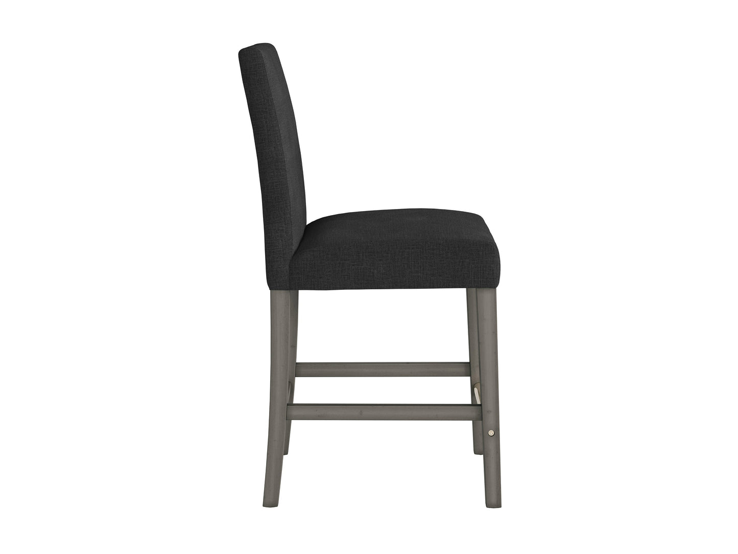 Dark grey fabric counter height bar stool with cushioned seat, wooden legs, and modern design.