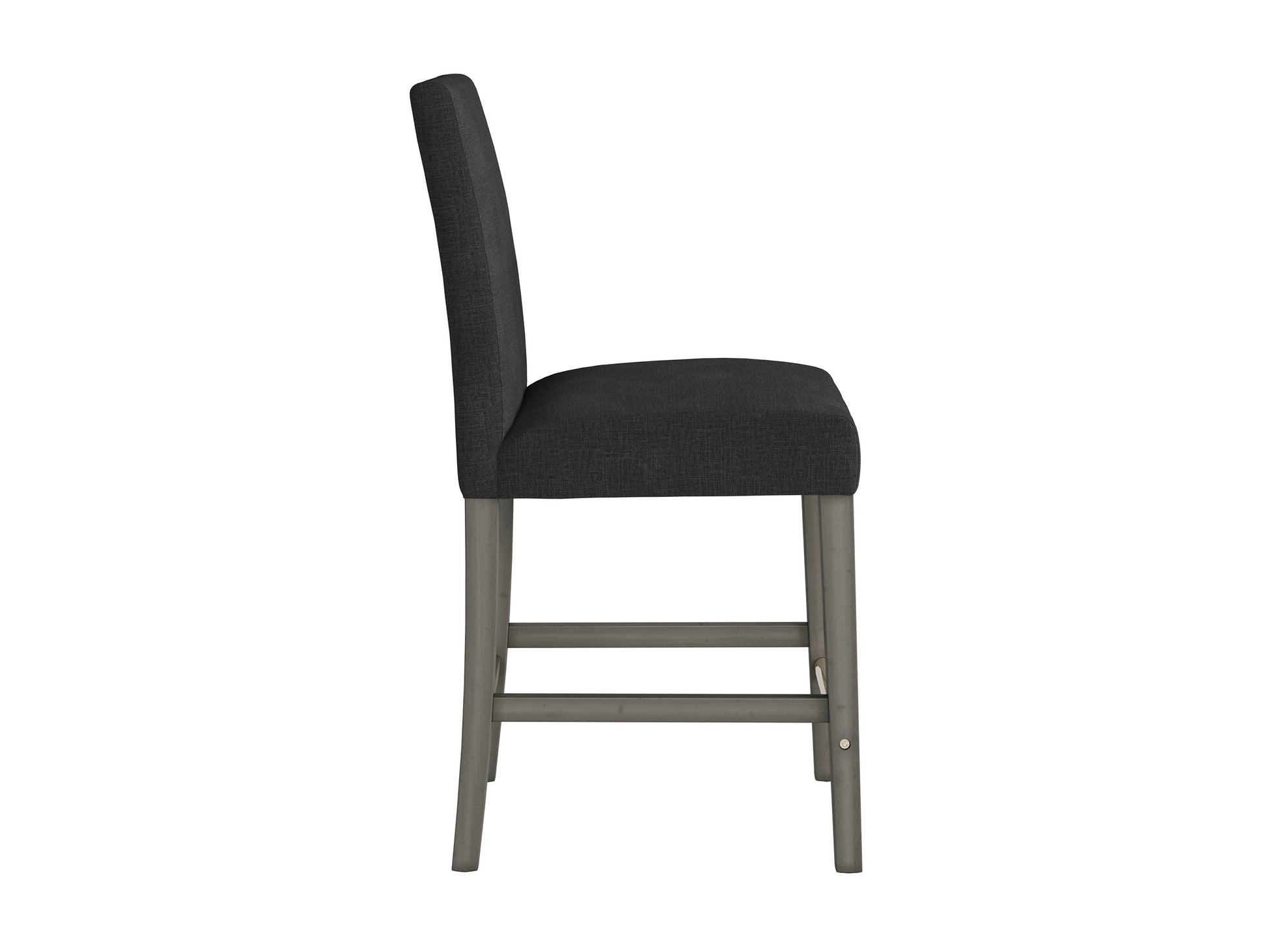 Dark grey fabric counter height bar stool with cushioned seat, wooden legs, and modern design.