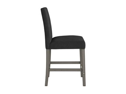 Dark grey fabric counter height bar stool with cushioned seat, wooden legs, and modern design.