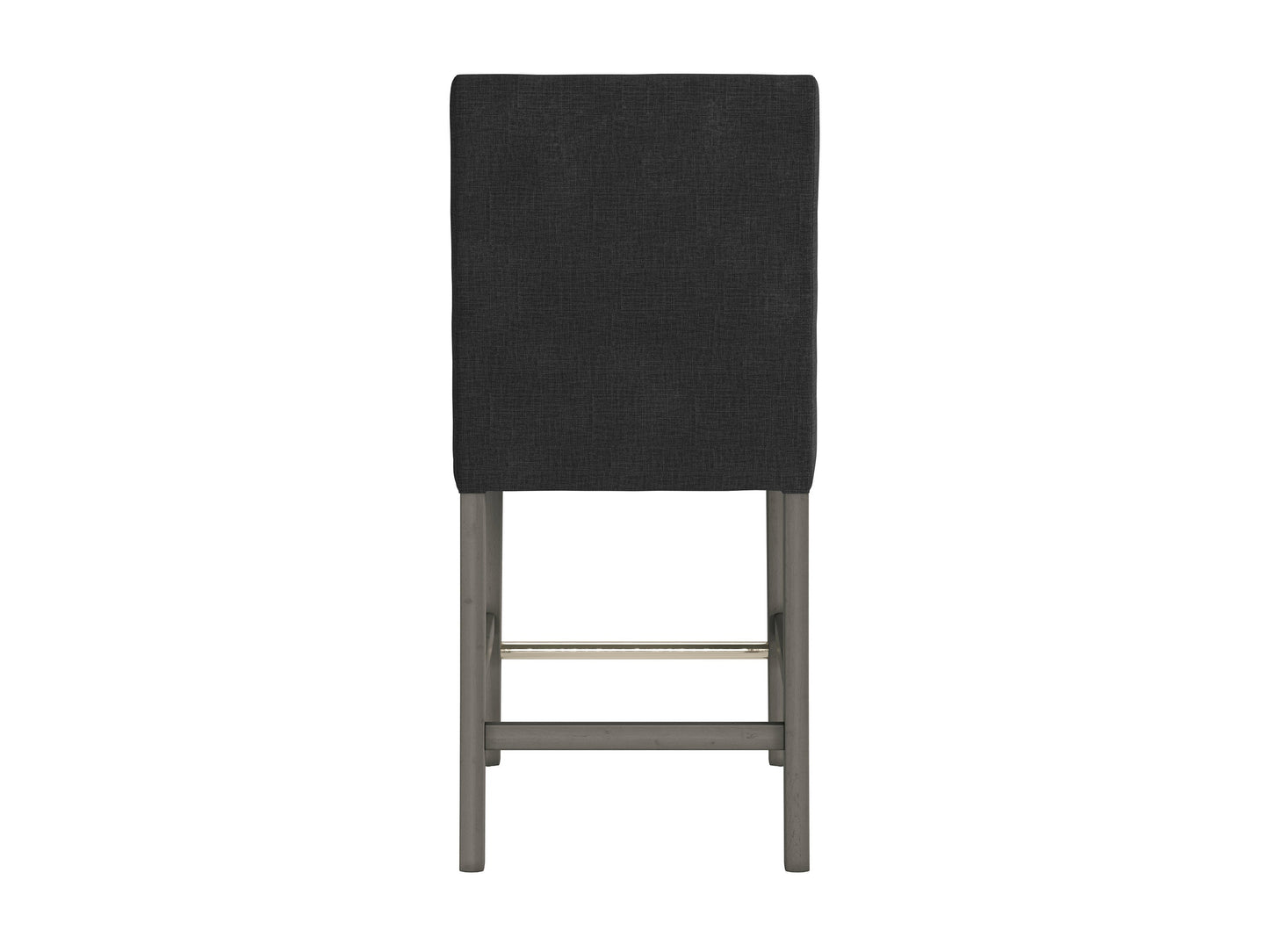 Dark grey fabric counter height bar stool with a cushioned seat, wooden legs, and a sleek, modern design.