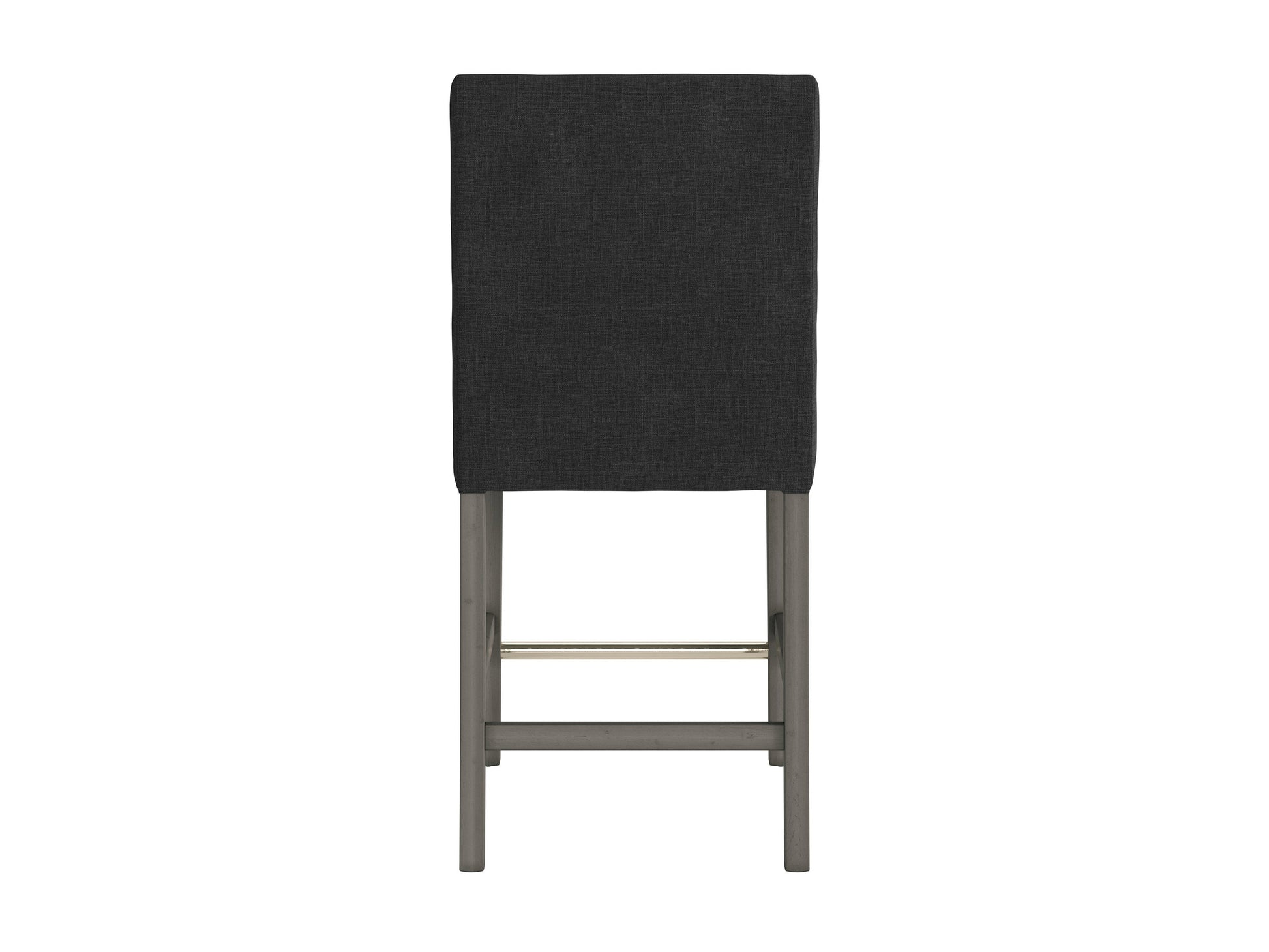 Dark grey fabric counter height bar stool with a cushioned seat, wooden legs, and a sleek, modern design.
