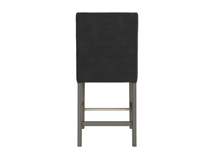 Dark grey fabric counter height bar stool with a cushioned seat, wooden legs, and a sleek, modern design.