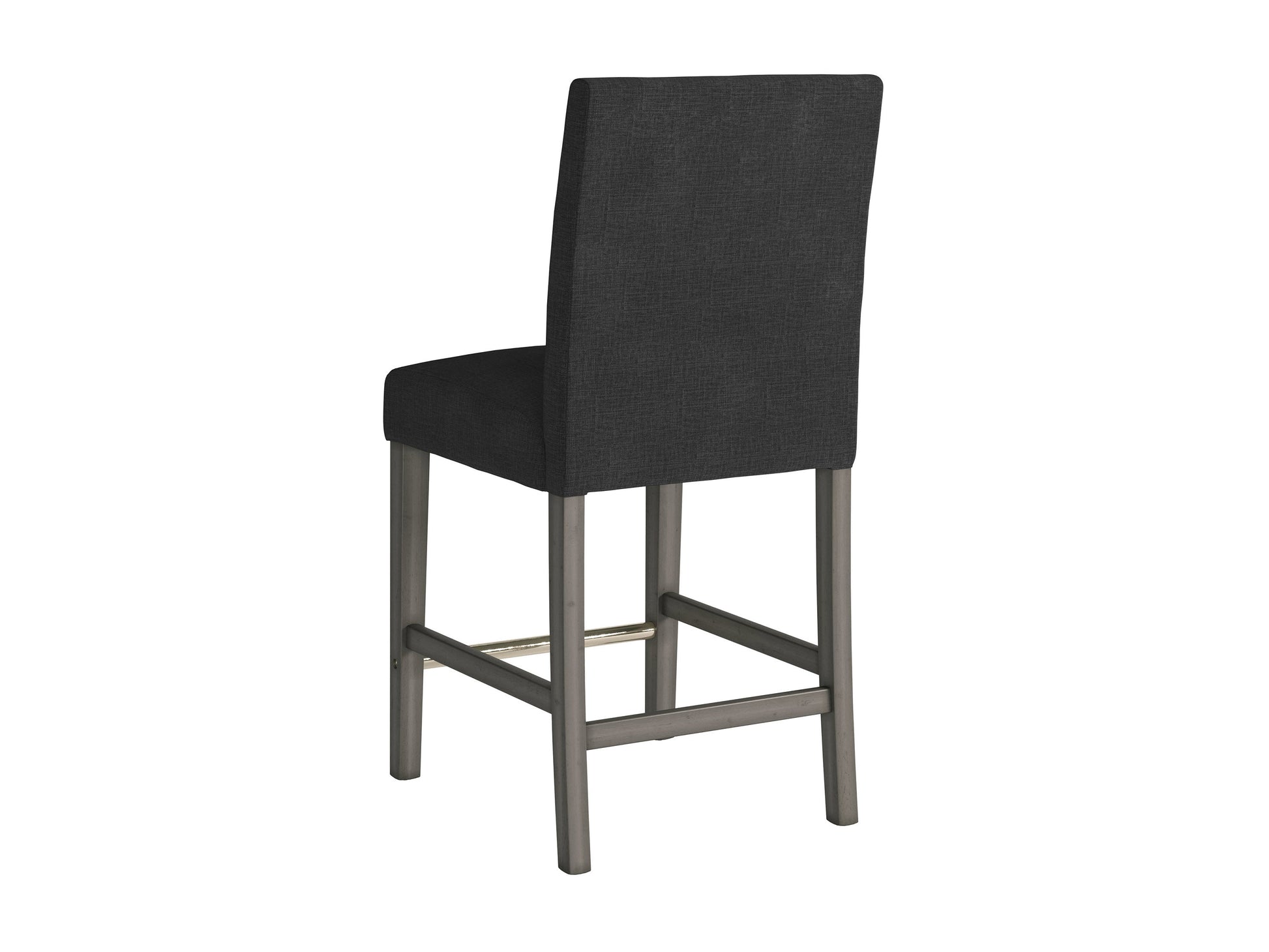 Dark grey fabric bar stool with cushioned seat, wooden legs, and a modern counter height design.