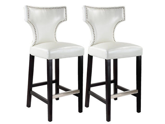 White bar height bar stools, set of 2, with cushioned seats, metal frames, and a modern design.