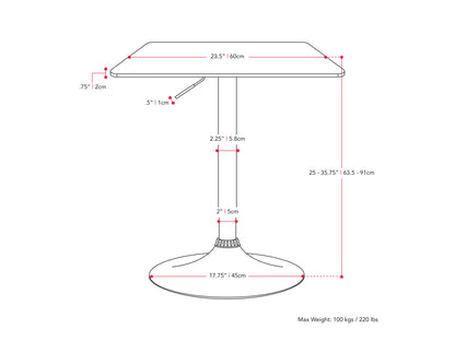 Adjustable height black bar table with square top and sleek metal frame.